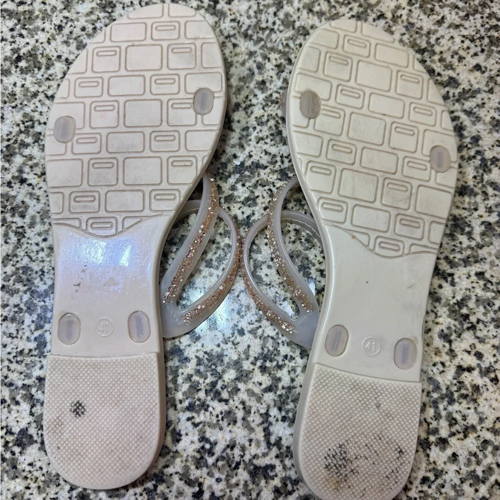 BTW Women Cream Jelly Slide Sandals Gold Glitter Asymmetrical‎ Straps Size 41